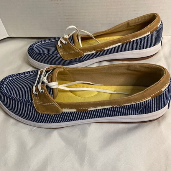 KEDS Tan Navy Blue White Striped Ortholite Canvas Loafer Boat Shoes, size 9.5 - Picture 4 of 6